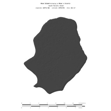 Niue Island in the South Pacific Ocean, belonging to Niue, isolated on a bilevel elevation map, with distance scale clipart