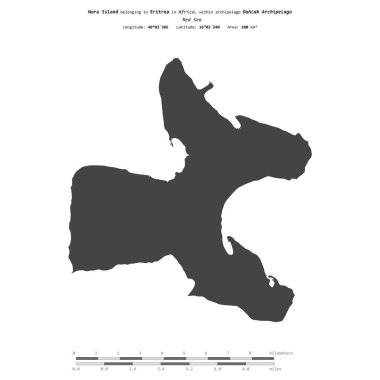 Eritre 'ye ait Kızıl Deniz' deki Nora Adası, bir bilek yüksekliği haritasında izole edilmiş, mesafe ölçeğinde.