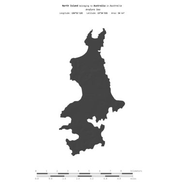 Avustralya 'ya ait Arafura Denizi' ndeki Kuzey Adası, bir bilek yüksekliği haritasında izole edilmiş, mesafe ölçeğinde.