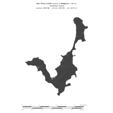 Nosy Mitsio Island in the Mozambique Channel, belonging to Madagascar, isolated on a bilevel elevation map, with distance scale clipart