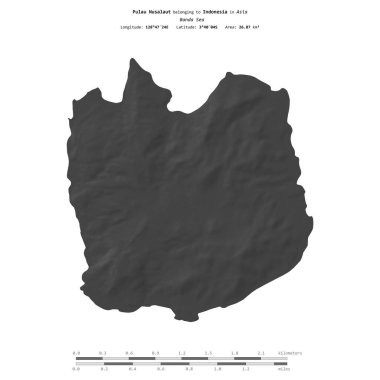 Pulau Nusalaut in the Banda Sea, belonging to Indonesia, isolated on a bilevel elevation map, with distance scale clipart