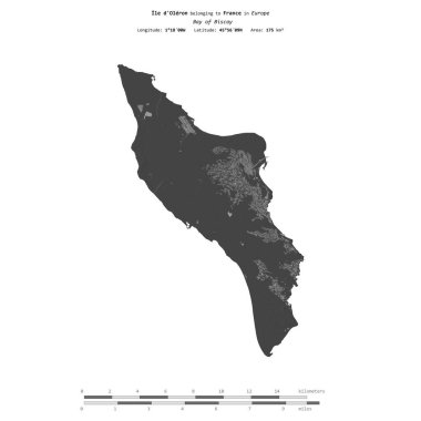 Biscay Körfezi 'ndeki Ile d' Oleron, Fransa 'ya ait, bir bilek yüksekliği haritasında izole edilmiş, mesafe ölçeğinde.
