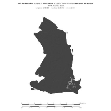 Kuzey Atlantik Okyanusu 'ndaki Ilha de Orangozinho, Gine-Bissau' ya ait, bir bilek yüksekliği haritasında izole edilmiş, mesafe ölçeğinde.