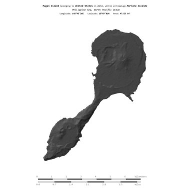 Filipin Denizi 'ndeki Pagan Adası, Birleşik Devletler' e ait, bir bileklik yükseklik haritasında izole edilmiş, mesafe ölçeğinde.