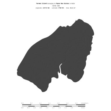 Mercan Denizi 'ndeki Parama Adası, Papua Yeni Gine' ye ait, bir bilek yüksekliği haritasında izole edilmiş, mesafe ölçeğinde.
