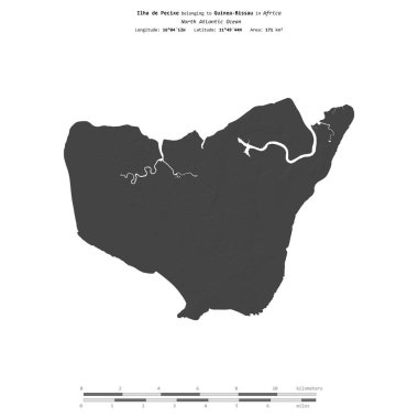 Kuzey Atlantik Okyanusu 'ndaki Ilha de Pecixe, Gine-Bissau' ya ait, bir bilek yüksekliği haritasında izole edilmiş, mesafe ölçeğinde.