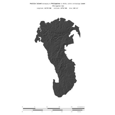 Polillo Island in the Philippine Sea, belonging to Philippines, isolated on a bilevel elevation map, with distance scale clipart