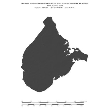 Kuzey Atlantik Okyanusu 'ndaki Ilha Ponta, Gine-Bissau' ya ait, bir bilek yüksekliği haritasında izole edilmiş, mesafe ölçeğinde.