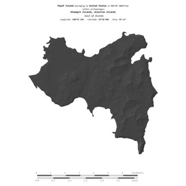 Alaska Körfezi 'ndeki Popof Adası, Amerika Birleşik Devletleri' ne ait, bir bilek yüksekliği haritasında izole edilmiş, mesafe ölçeğinde.