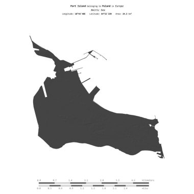 Baltık Denizi 'ndeki Port Adası, Polonya' ya ait, bir bilek yüksekliği haritasında izole edilmiş, mesafe ölçeğinde.