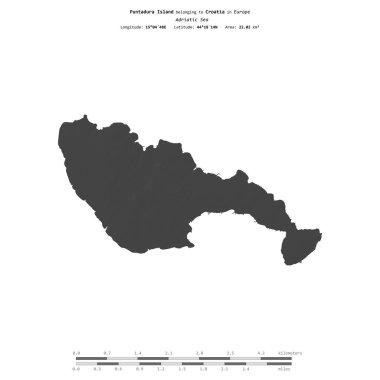 Hırvatistan 'a ait Adriyatik Denizi' ndeki Puntadura Adası, uzaklık ölçeğinde bir bilek yüksekliği haritasında izole edilmiş.