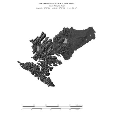 Güney Pasifik Okyanusu 'ndaki Riesco Adası, Şili' ye ait, bir bilek yüksekliği haritasında izole edilmiş, mesafe ölçeğinde.