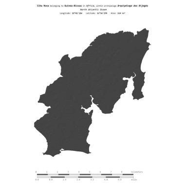 Kuzey Atlantik Okyanusu 'ndaki Ilha Roxa, Gine-Bissau' ya ait, bir bilek yüksekliği haritasında izole edilmiş, mesafe ölçeğinde.