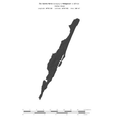 Hint Okyanusu 'ndaki Ile Sainte-Marie, Madagaskar' a ait, bir bilek yüksekliği haritasında izole edilmiş, mesafe ölçeğinde.
