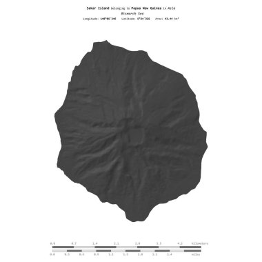 Bismarck Denizi 'ndeki Sakar Adası, Papua Yeni Gine' ye ait, bir bilek yüksekliği haritasında izole edilmiş, mesafe ölçeğinde.