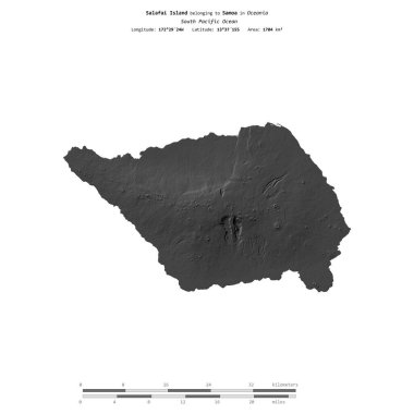 Samoa 'ya ait olan Güney Pasifik Okyanusu' ndaki Savaii Adası, uzaklık ölçeğinde bir bilek yüksekliği haritasında izole edilmiştir.