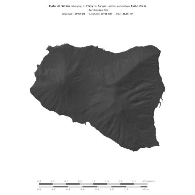 Isola di Salina in the Tyrrhenian Sea, belonging to Italy, isolated on a bilevel elevation map, with distance scale clipart