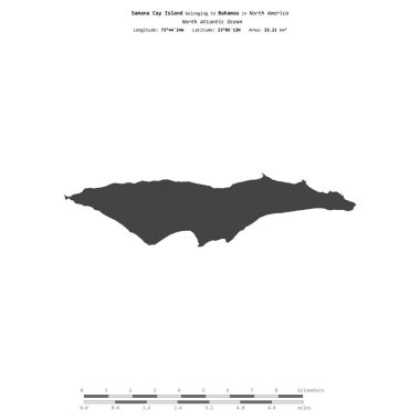 Kuzey Atlantik Okyanusu 'ndaki Samana Cay Adası, Bahamalar' a ait, bir bilek yüksekliği haritasında izole edilmiş, mesafe ölçeğinde.