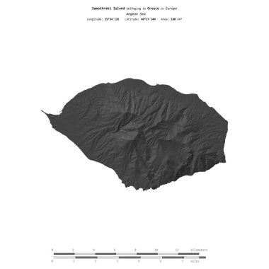 Yunanistan 'a ait Ege Denizi' ndeki Samothraki Adası, uzaklık ölçeğinde bir bilek yüksekliği haritasında izole edilmiş.
