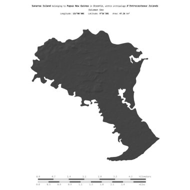 Solomon Denizi 'ndeki Sanaroa Adası, Papua Yeni Gine' ye ait, bir bilek yüksekliği haritasında izole edilmiş, mesafe ölçeğinde.
