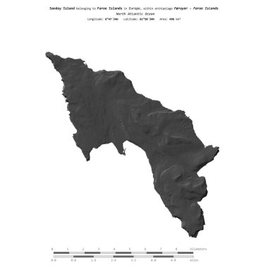 Kuzey Atlantik Okyanusu 'ndaki Sandoy Adası, Faroe Adalarına ait, bir bilek yüksekliği haritasında izole edilmiş, mesafe ölçeğinde.