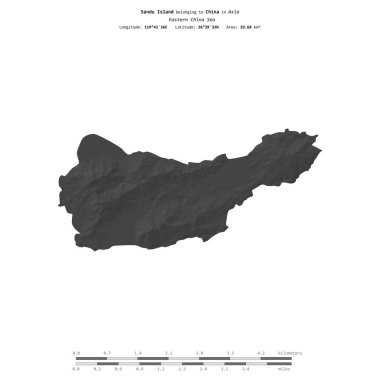 Doğu Çin Denizi 'ndeki Sandu Adası, Çin' e ait, bir bilek yüksekliği haritasında izole edilmiş, mesafe ölçeğinde.