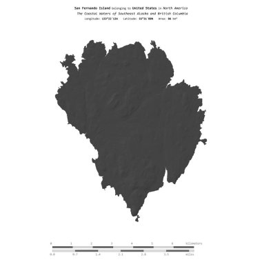 Amerika Birleşik Devletleri 'ne ait olan Güneydoğu Alaska ve Britanya Kolumbiyası' nın Sahil Suları 'ndaki San Fernando Adası, bir bilek yüksekliği haritasında izole edilmiş ve mesafe ölçeğinde.