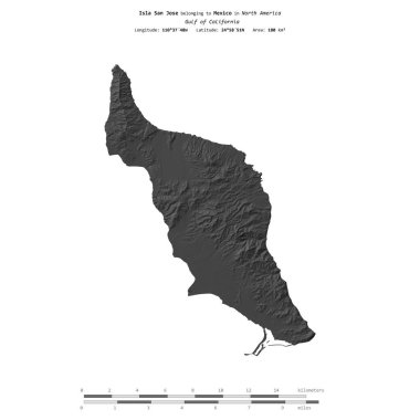 Kaliforniya Körfezi 'ndeki San Jose Adası, Meksika' ya ait, bir bilek yüksekliği haritasında izole edilmiş, mesafe ölçeğinde.