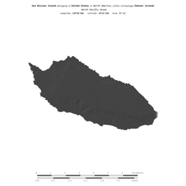 San Nicolas Island in the North Pacific Ocean, belonging to United States, isolated on a bilevel elevation map, with distance scale clipart