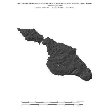 Kuzey Pasifik Okyanusu 'ndaki Santa Catalina Adası, Birleşik Devletlere ait, bir bilek yüksekliği haritasında izole edilmiş, mesafe ölçeğinde.