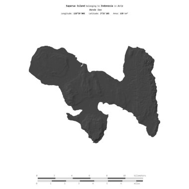 Saparua Island in the Banda Sea, belonging to Indonesia, isolated on a bilevel elevation map, with distance scale clipart