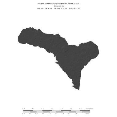 Bismarck Denizi 'ndeki Selapiu Adası, Papua Yeni Gine' ye ait, bir bilek yüksekliği haritasında izole edilmiş, mesafe ölçeğinde.
