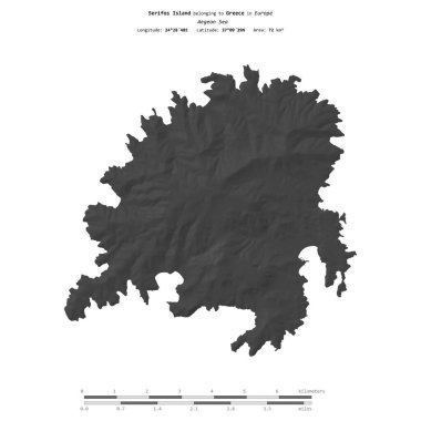 Yunanistan 'a ait Ege Denizi' ndeki Serifos Adası, uzaklık ölçeğinde bir bilek yüksekliği haritasında izole edilmiş.