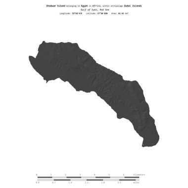 Kızıl Deniz 'deki Shadwan Adası, Mısır' a ait, bir bilek yüksekliği haritasında izole edilmiş, mesafe ölçeğinde.