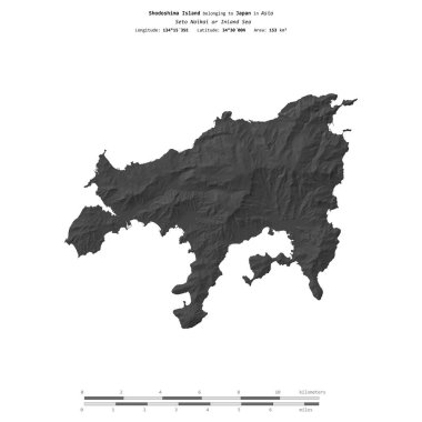 Japonya 'ya ait Seto Naikai veya İç Denizi' ndeki Shodoshima Adası, bir bilek yüksekliği haritasında izole edilmiş, mesafe ölçeğinde.