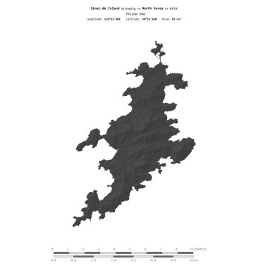 Kuzey Kore 'ye ait olan Sarı Deniz' deki Sinmi-do Adası, uzaklık ölçeğinde bir bilek yüksekliği haritasında izole edilmiştir.