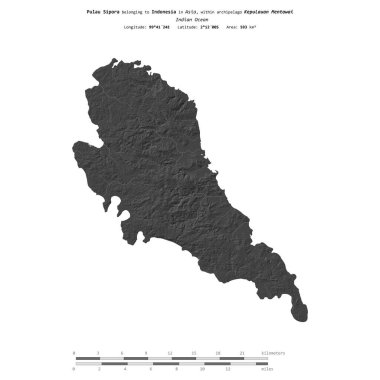 Hint Okyanusu 'ndaki Pulau Sipora, Endonezya' ya ait, bir bilek yüksekliği haritasında izole edilmiş, mesafe ölçeğinde.