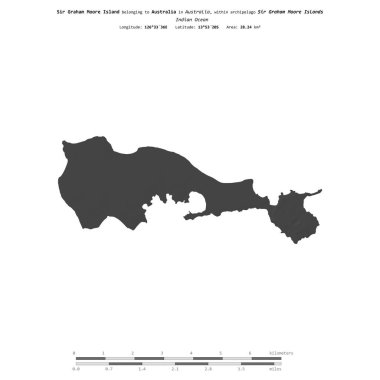 Avustralya 'ya ait Hint Okyanusu' ndaki Sir Graham Moore Adası, bir bilek yüksekliği haritasında izole edilmiş, mesafe ölçeğinde.