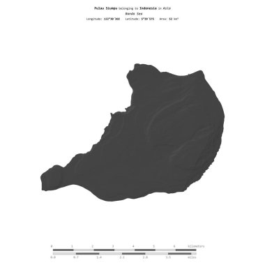 Endonezya 'ya ait Banda Denizi' ndeki Pulau Siumpu, bir bilek yüksekliği haritasında izole edilmiş, mesafe ölçeğinde.