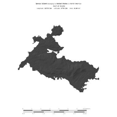 Alaska Körfezi 'ndeki Spruce Adası, Amerika Birleşik Devletleri' ne ait, bir bilek yüksekliği haritasında izole edilmiş, mesafe ölçeğinde.