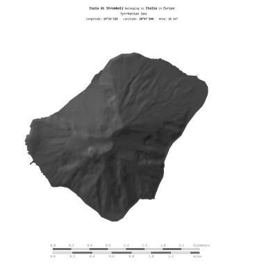 İtalya 'ya ait Tyrrhenian Denizi' ndeki Isola di Stromboli, bir bilek yüksekliği haritasında izole edilmiş, mesafe ölçeğinde.