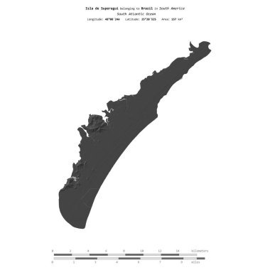 Brezilya 'ya ait Güney Atlantik Okyanusu' ndaki Superagui Adası, bir bilek yüksekliği haritasında izole edilmiş, mesafe ölçeğinde.