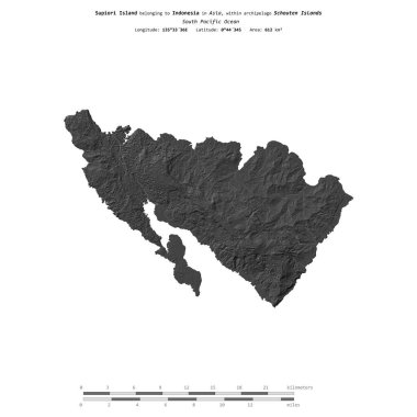 Güney Pasifik Okyanusu 'ndaki Supiori Adası, Endonezya' ya ait, bir bilek yüksekliği haritasında izole edilmiş, mesafe ölçeğinde.