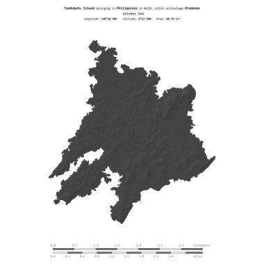 Filipinlere ait Celebes Denizi 'ndeki Tandubatu Adası, bir bilek yüksekliği haritasında izole edilmiş, mesafe ölçeğinde.