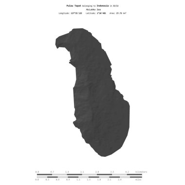 Molukka Denizi 'ndeki Pulau Tapat, Endonezya' ya ait, bir bilek yüksekliği haritasında izole edilmiş, mesafe ölçeğinde.