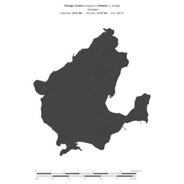 Tasinge Island in the Kattegat, belonging to Denmark, isolated on a bilevel elevation map, with distance scale clipart