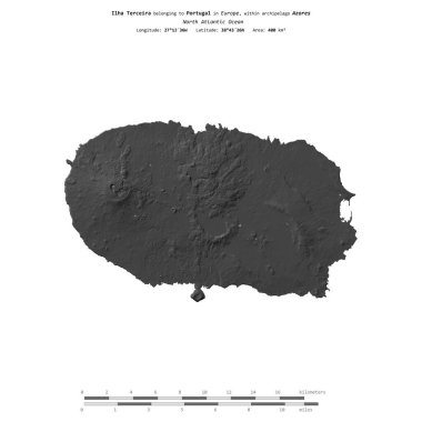 Portekiz 'e ait Kuzey Atlantik Okyanusu' ndaki Ilha Terceira, uzaklık ölçeğinde bir bilek yüksekliği haritasında izole edilmiştir.