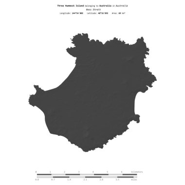 Avustralya 'ya ait Bass Boğazı' ndaki üç Hummock Adası, bir bilek yüksekliği haritasında izole edilmiş, mesafe ölçeğinde.