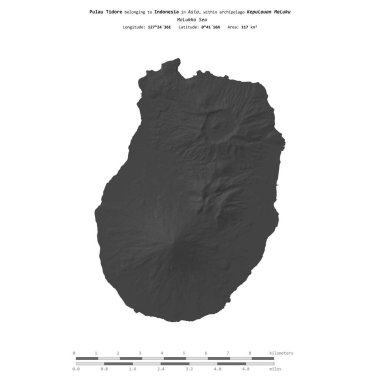 Pulau Tidore in the Molukka Sea, belonging to Indonesia, isolated on a bilevel elevation map, with distance scale clipart