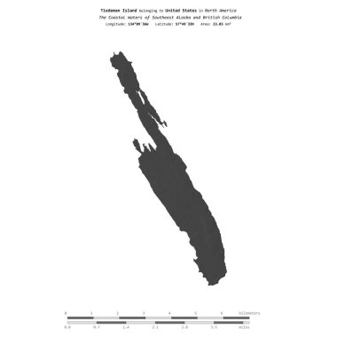 Güneydoğu Alaska ve Britanya Kolumbiyası 'nın sahil sularındaki Tiedeman Adası, Birleşik Devletler' e ait, bir bilek yüksekliği haritasında izole edilmiş, mesafe ölçeğinde.